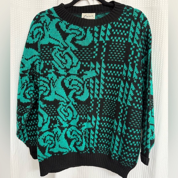 Lauren Knitwear Corp Sweaters - 1980s Lauren Knitwear Corp Women's Black and Teal Crew Neck Sweater